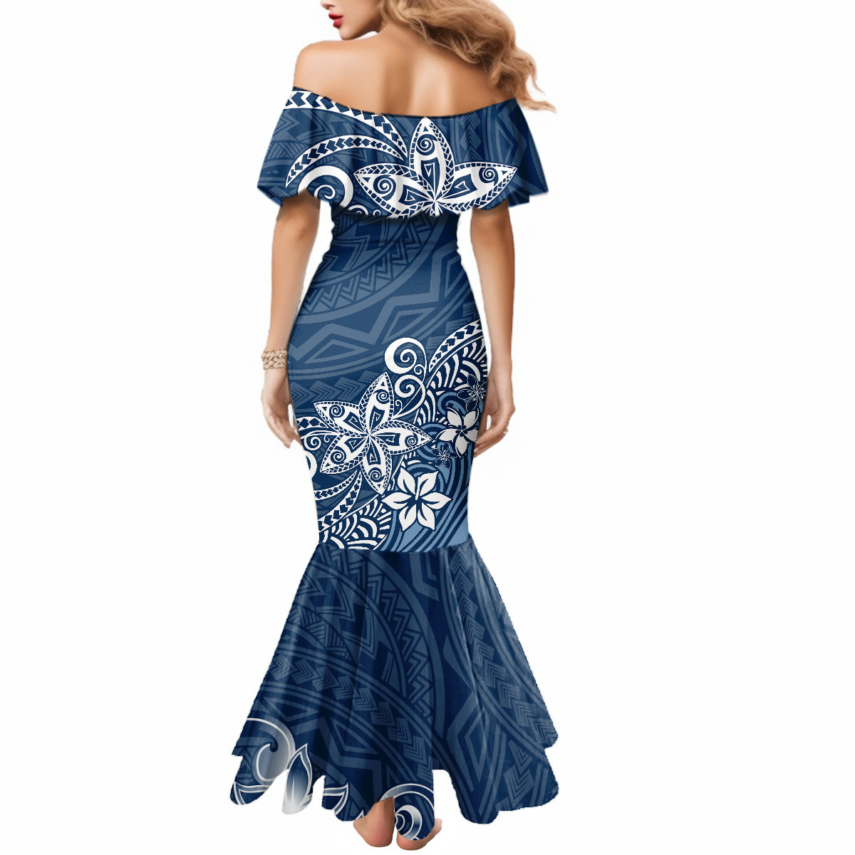 Polynesia Mermaid Dress Plumeria Blue Curves - Wonder Print Shop