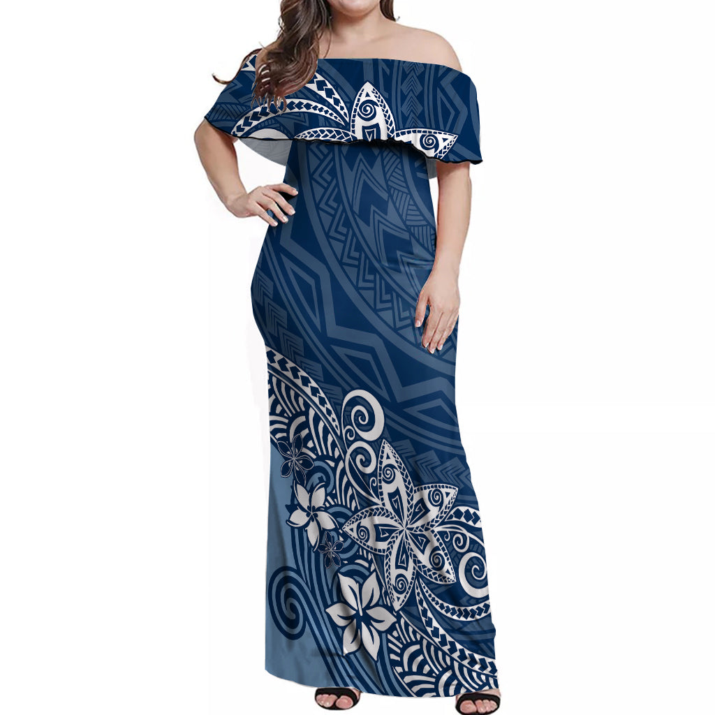 Polynesia Off Shoulder Maxi Dress Plumeria Blue Curves - Wonder Print Shop
