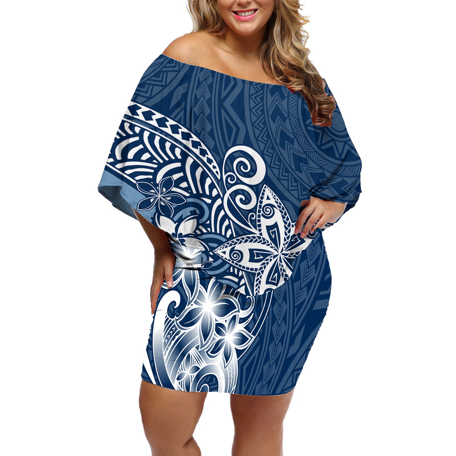 Polynesia Off Shoulder Short Dress Plumeria Blue Curves - Wonder Print Shop