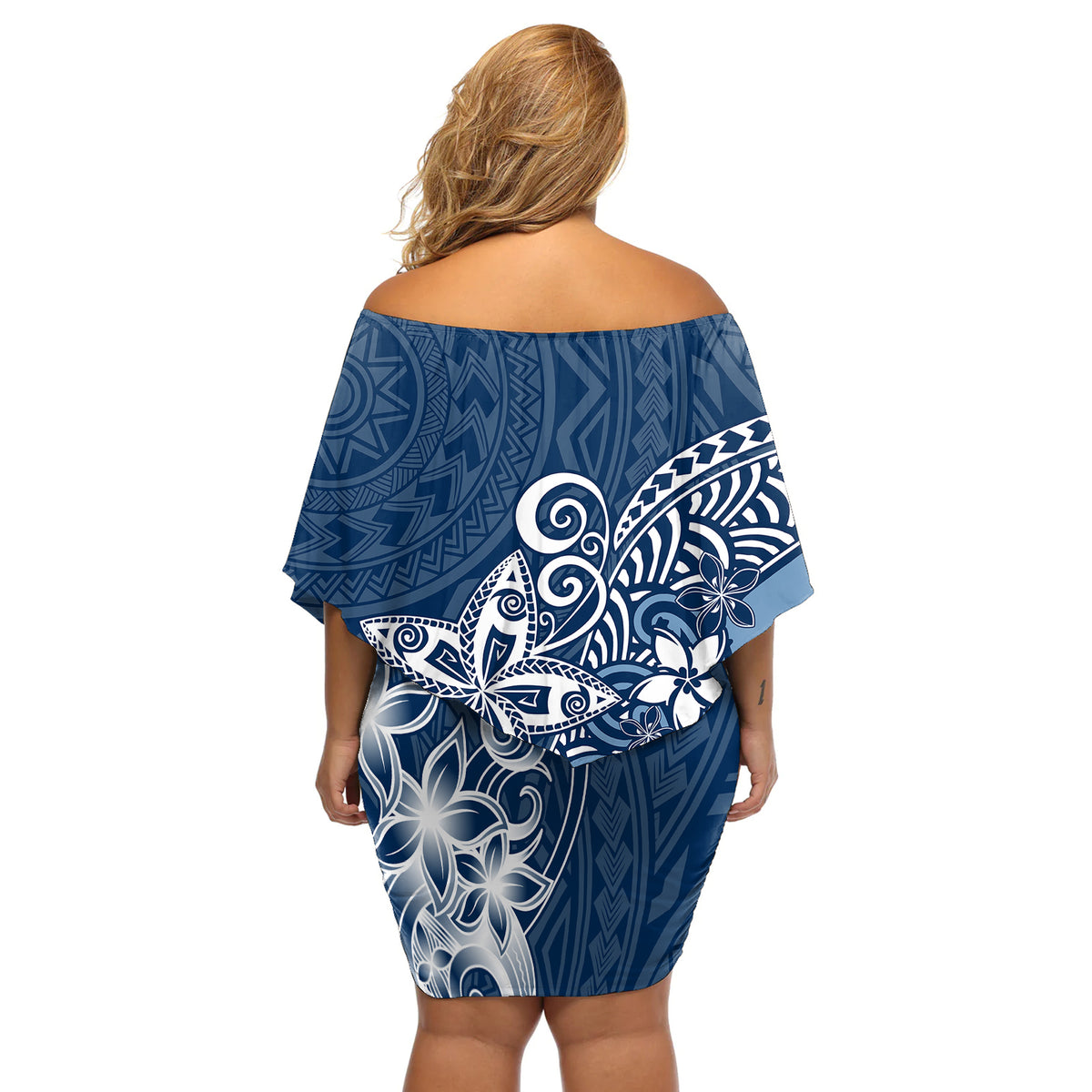 Polynesia Off Shoulder Short Dress Plumeria Blue Curves - Wonder Print Shop