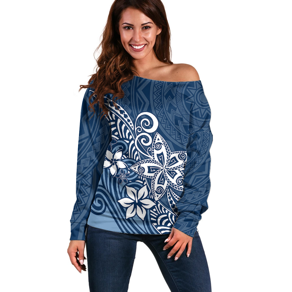 Polynesia Off Shoulder Sweater Plumeria Blue Curves - Wonder Print Shop