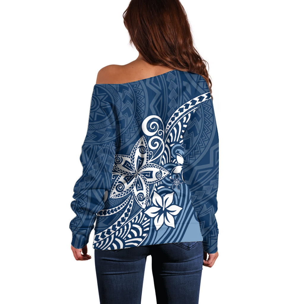 Polynesia Off Shoulder Sweater Plumeria Blue Curves - Wonder Print Shop