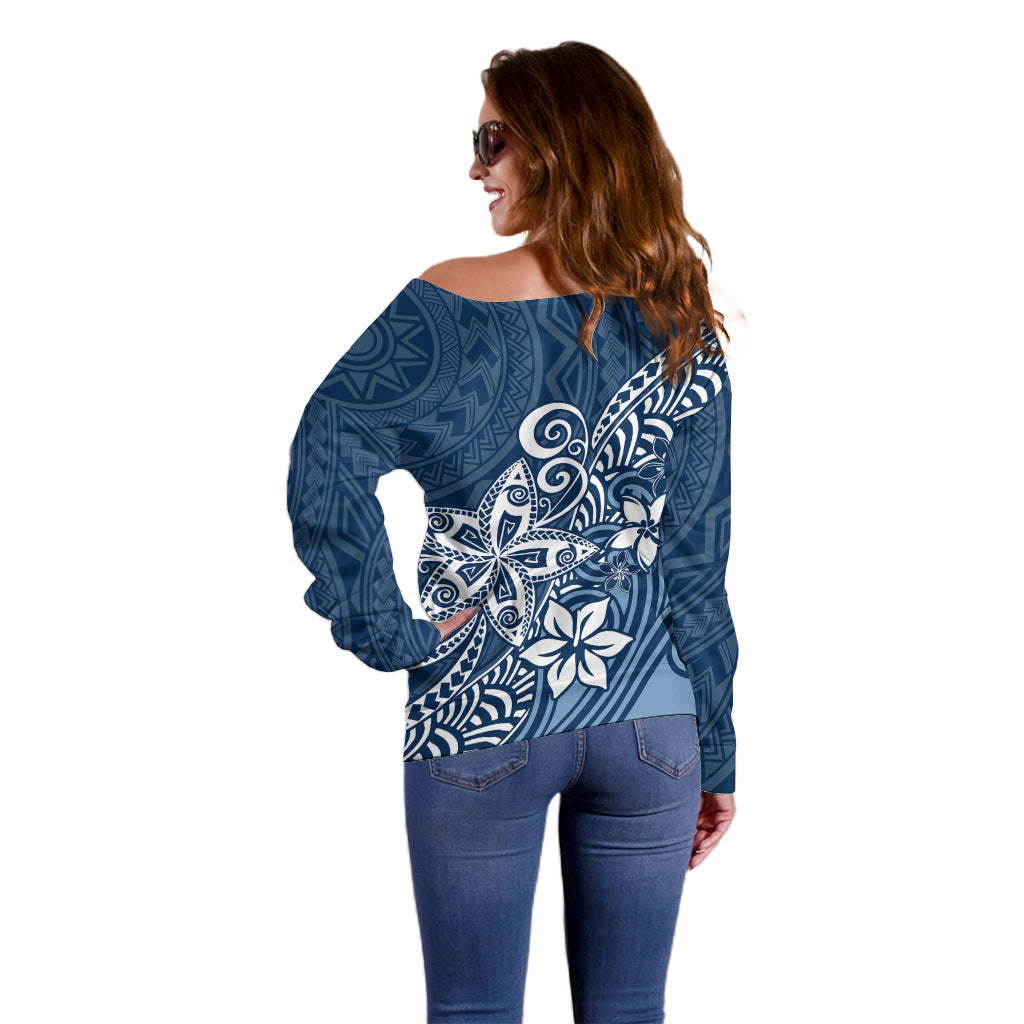 Polynesia Off Shoulder Sweater Plumeria Blue Curves - Wonder Print Shop