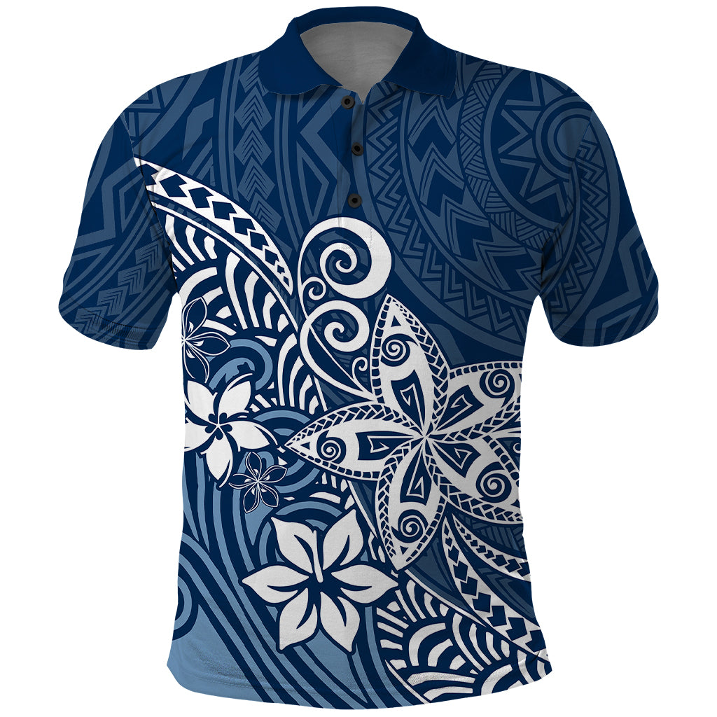 Polynesia Polo Shirt Plumeria Blue Curves - Wonder Print Shop