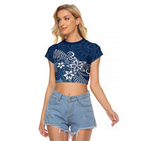 Polynesia Raglan Cropped T Shirt Plumeria Blue Curves - Wonder Print Shop