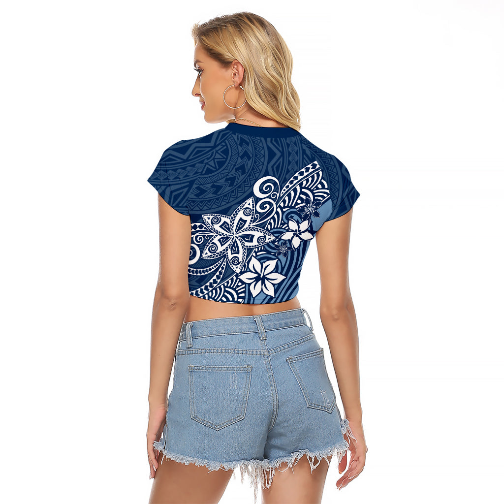 Polynesia Raglan Cropped T Shirt Plumeria Blue Curves - Wonder Print Shop