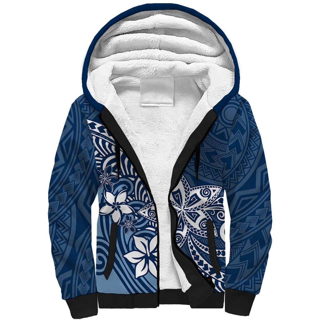Polynesia Sherpa Hoodie Plumeria Blue Curves - Wonder Print Shop