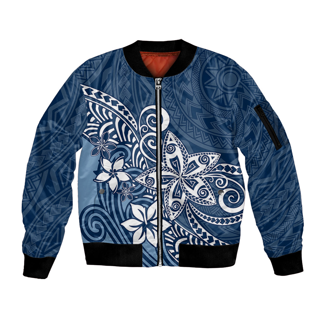 Polynesia Sleeve Zip Bomber Jacket Plumeria Blue Curves - Wonder Print Shop