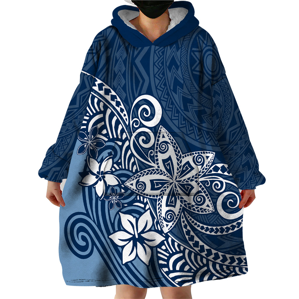Polynesia Wearable Blanket Hoodie Plumeria Blue Curves - Wonder Print Shop