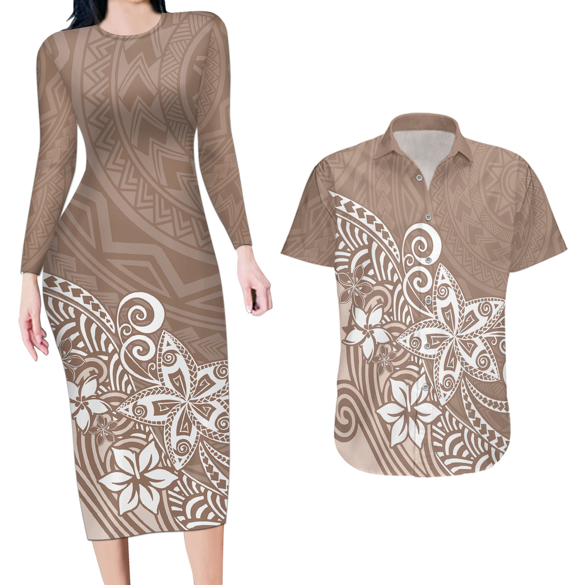 Polynesia Couples Matching Long Sleeve Bodycon Dress and Hawaiian Shirt Plumeria Beige Curves LT7 - Wonder Print Shop