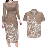 Polynesia Couples Matching Long Sleeve Bodycon Dress and Hawaiian Shirt Plumeria Beige Curves LT7 - Wonder Print Shop