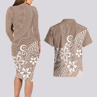 Polynesia Couples Matching Long Sleeve Bodycon Dress and Hawaiian Shirt Plumeria Beige Curves LT7 - Wonder Print Shop