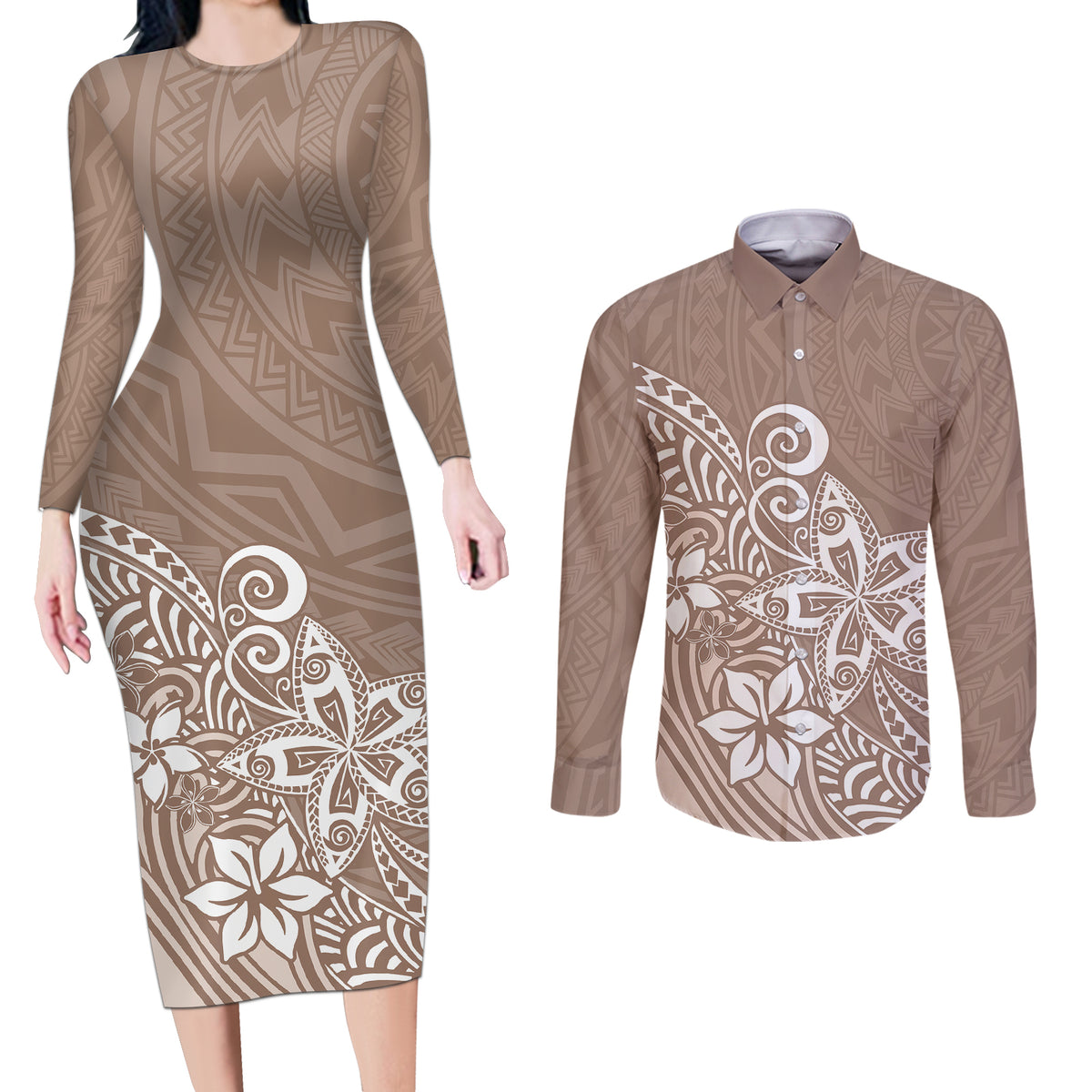Polynesia Couples Matching Long Sleeve Bodycon Dress and Long Sleeve Button Shirts Plumeria Beige Curves LT7 - Wonder Print Shop