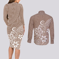 Polynesia Couples Matching Long Sleeve Bodycon Dress and Long Sleeve Button Shirts Plumeria Beige Curves LT7 - Wonder Print Shop