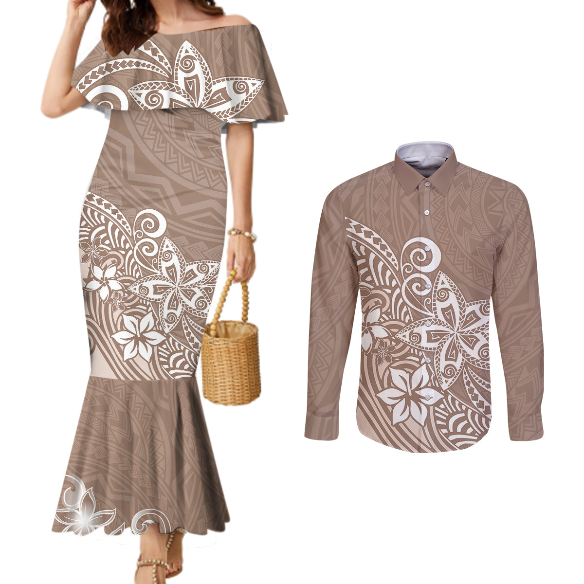 polynesia-couples-matching-mermaid-dress-and-long-sleeve-button-shirts-plumeria-beige-curves