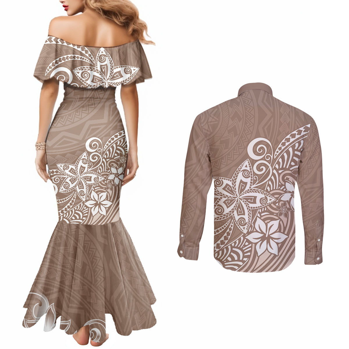 polynesia-couples-matching-mermaid-dress-and-long-sleeve-button-shirts-plumeria-beige-curves