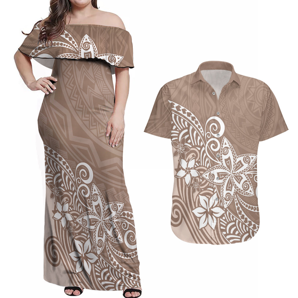 Polynesia Couples Matching Off Shoulder Maxi Dress and Hawaiian Shirt Plumeria Beige Curves LT7 - Wonder Print Shop