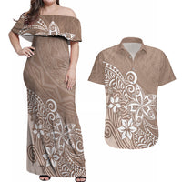 Polynesia Couples Matching Off Shoulder Maxi Dress and Hawaiian Shirt Plumeria Beige Curves LT7 - Wonder Print Shop
