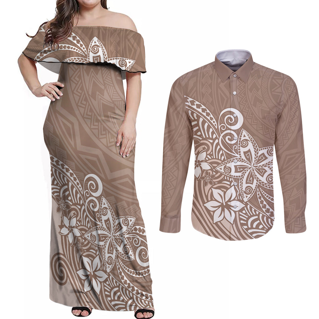 Polynesia Couples Matching Off Shoulder Maxi Dress and Long Sleeve Button Shirts Plumeria Beige Curves LT7 - Wonder Print Shop