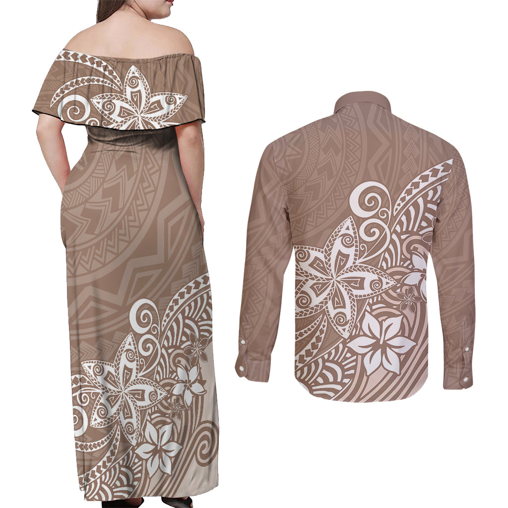 Polynesia Couples Matching Off Shoulder Maxi Dress and Long Sleeve Button Shirts Plumeria Beige Curves LT7 - Wonder Print Shop