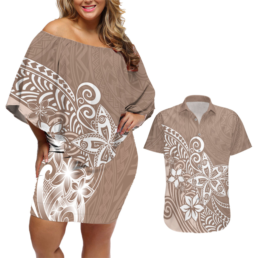 Polynesia Couples Matching Off Shoulder Short Dress and Hawaiian Shirt Plumeria Beige Curves LT7 - Wonder Print Shop