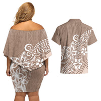 Polynesia Couples Matching Off Shoulder Short Dress and Hawaiian Shirt Plumeria Beige Curves LT7 - Wonder Print Shop