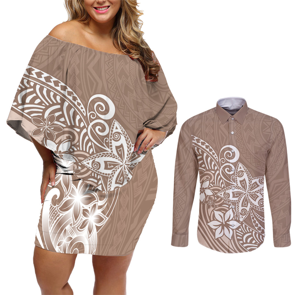 Polynesia Couples Matching Off Shoulder Short Dress and Long Sleeve Button Shirts Plumeria Beige Curves LT7 - Wonder Print Shop