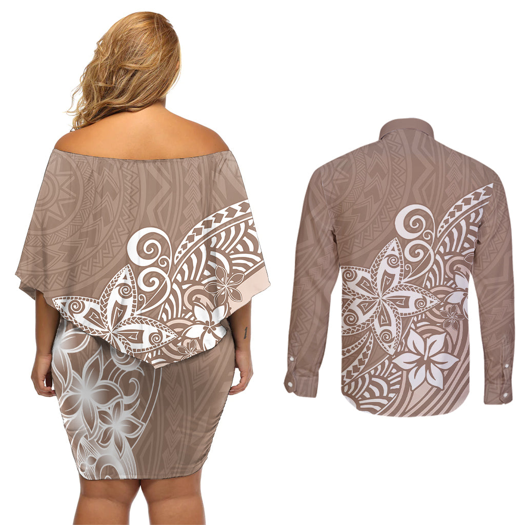 Polynesia Couples Matching Off Shoulder Short Dress and Long Sleeve Button Shirts Plumeria Beige Curves LT7 - Wonder Print Shop