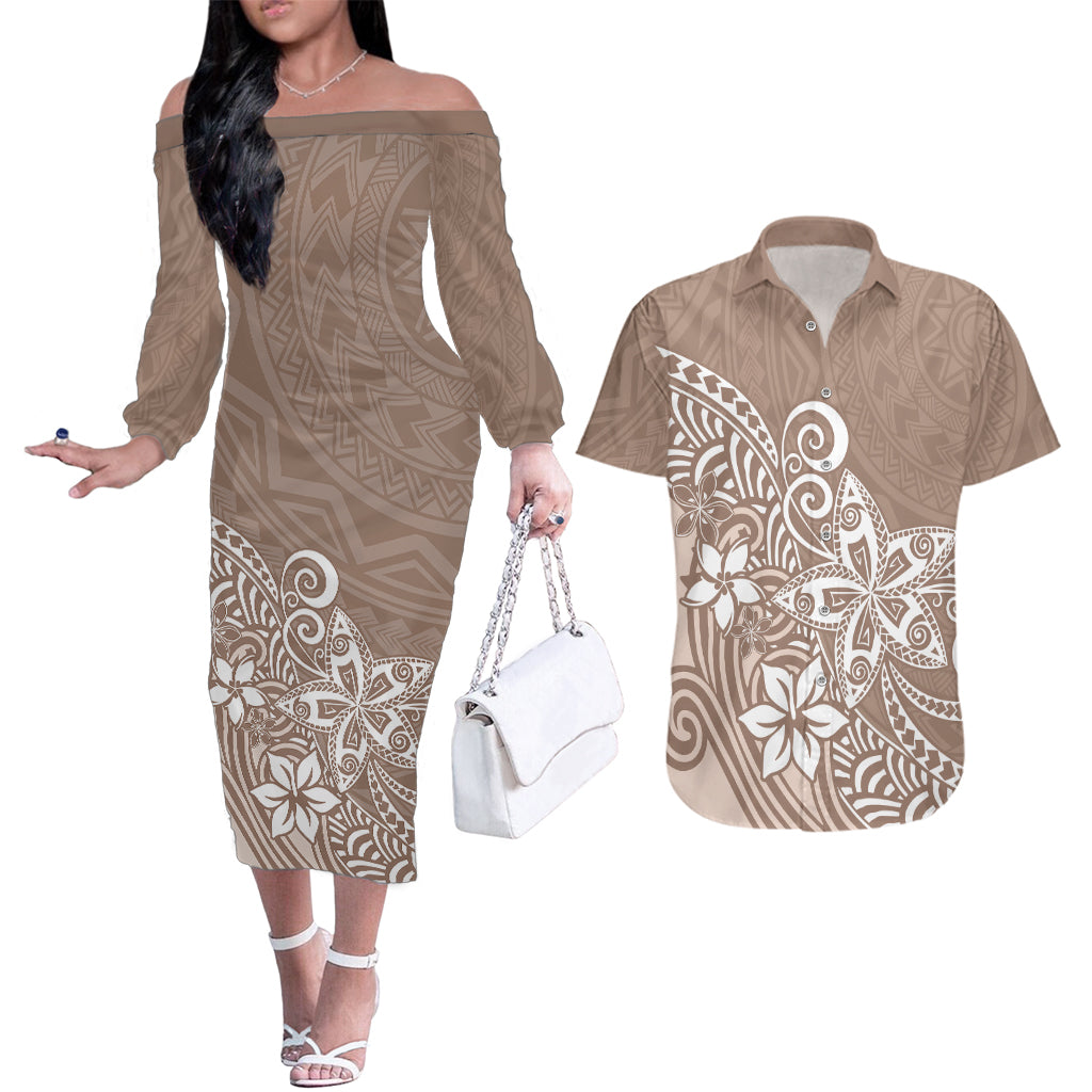 Polynesia Couples Matching Off The Shoulder Long Sleeve Dress and Hawaiian Shirt Plumeria Beige Curves LT7 - Wonder Print Shop