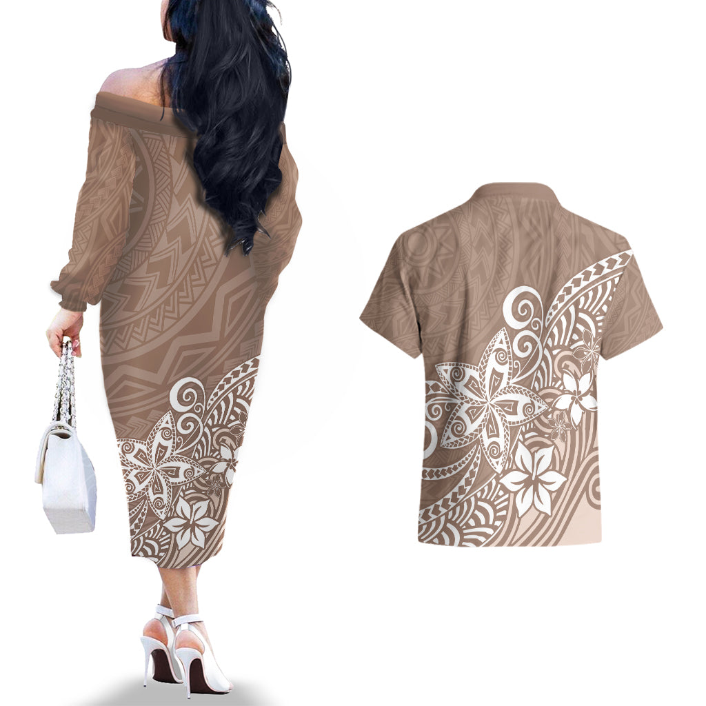 Polynesia Couples Matching Off The Shoulder Long Sleeve Dress and Hawaiian Shirt Plumeria Beige Curves LT7 - Wonder Print Shop