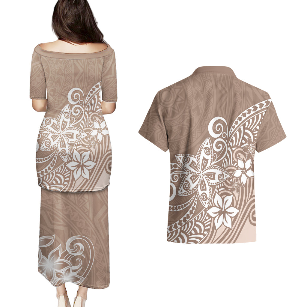 Polynesia Couples Matching Puletasi Dress and Hawaiian Shirt Plumeria Beige Curves LT7 - Wonder Print Shop
