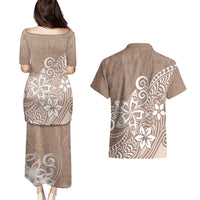 Polynesia Couples Matching Puletasi Dress and Hawaiian Shirt Plumeria Beige Curves LT7 - Wonder Print Shop