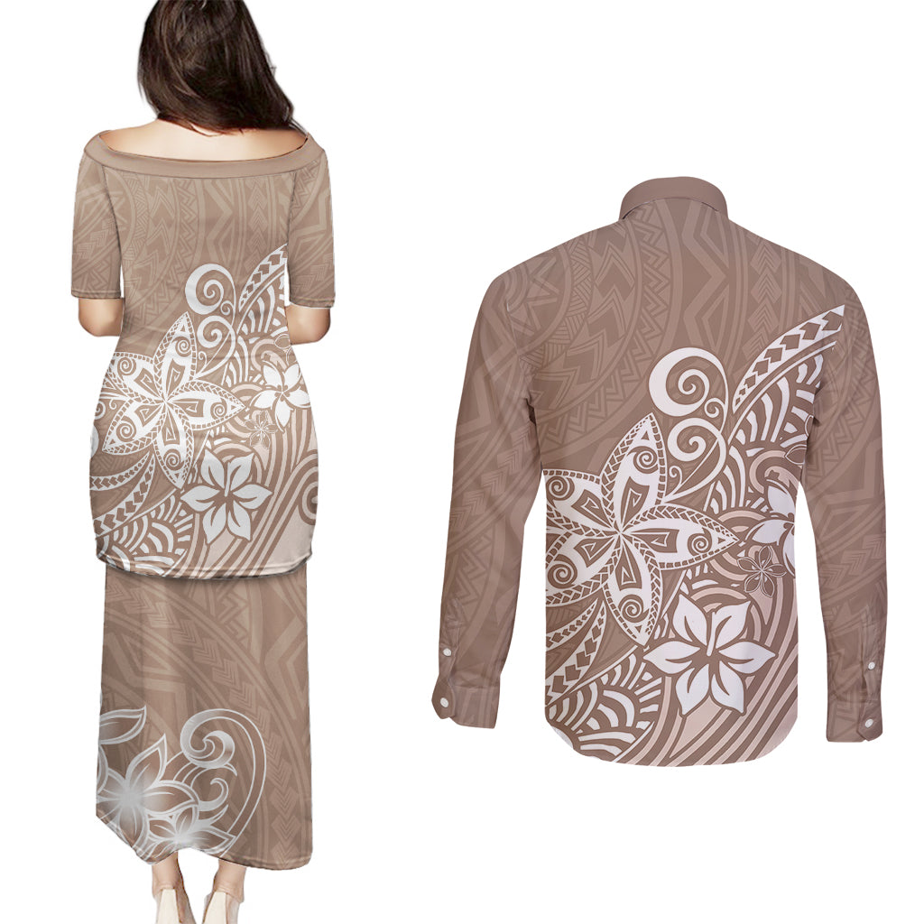 Polynesia Couples Matching Puletasi Dress and Long Sleeve Button Shirts Plumeria Beige Curves LT7 - Wonder Print Shop