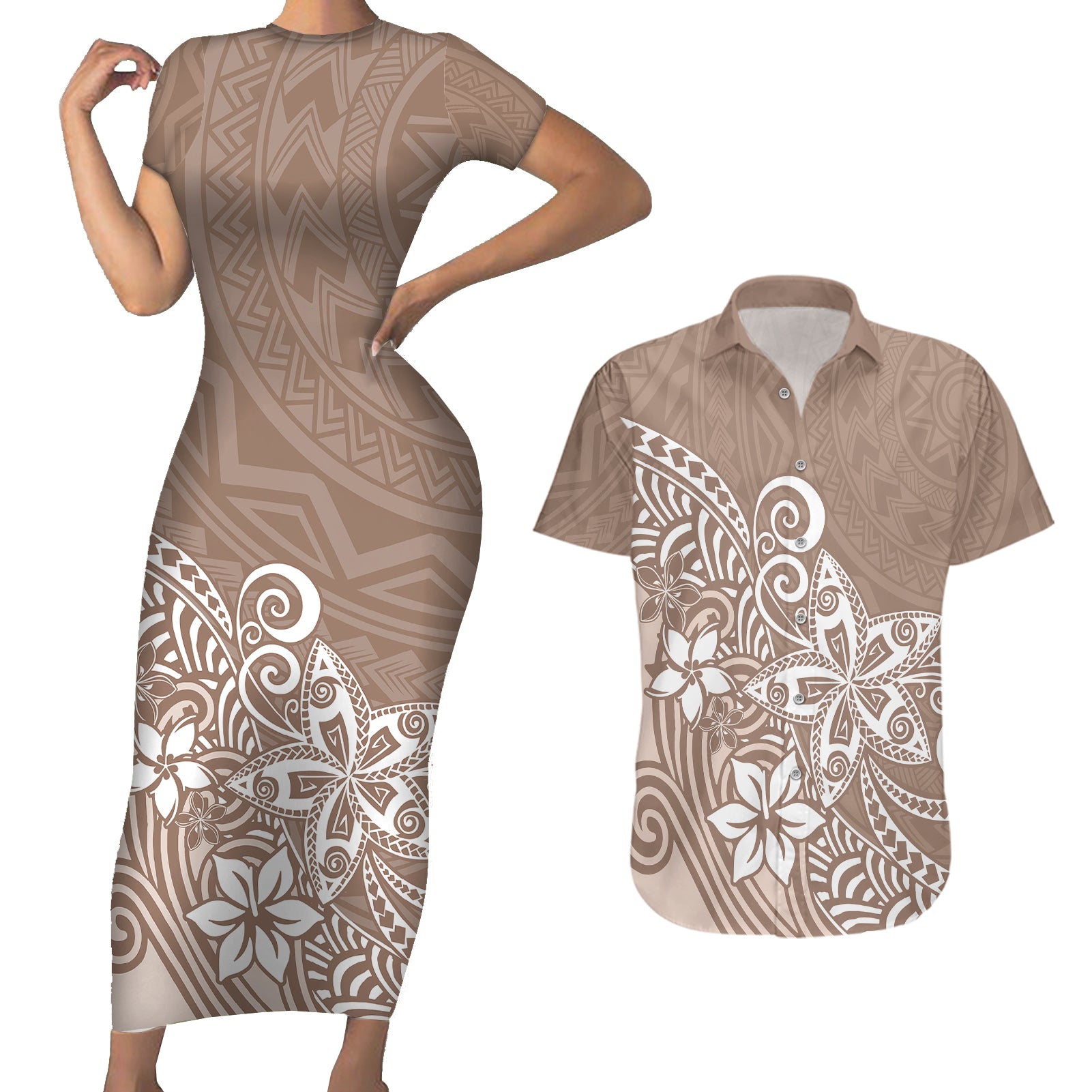 Polynesia Couples Matching Short Sleeve Bodycon Dress and Hawaiian Shirt Plumeria Beige Curves LT7 - Wonder Print Shop