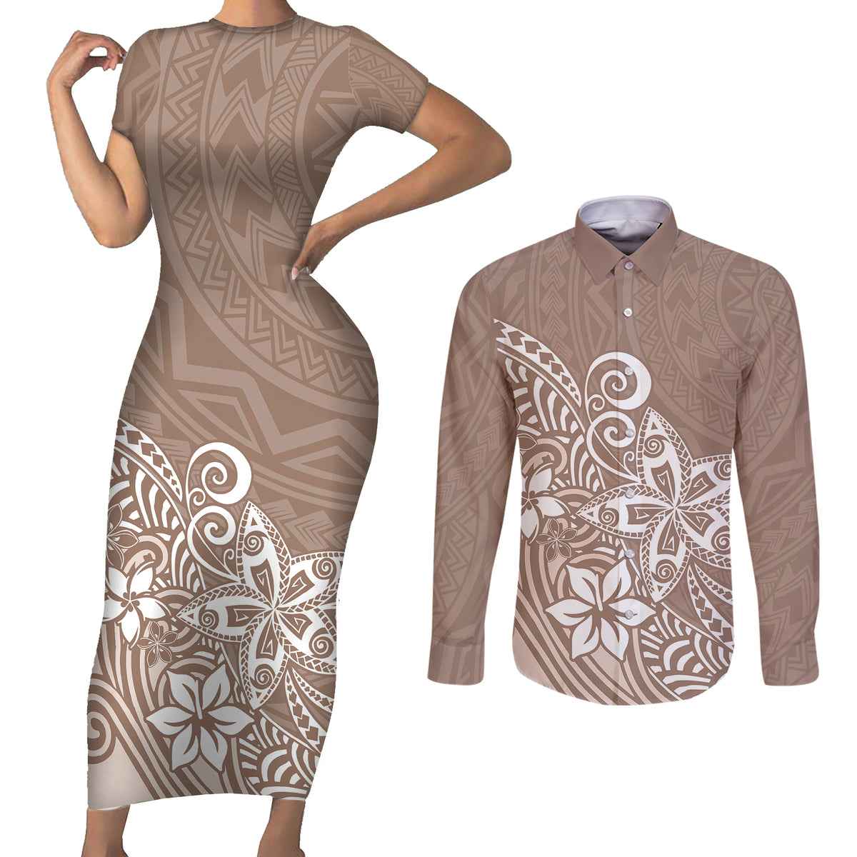 Polynesia Couples Matching Short Sleeve Bodycon Dress and Long Sleeve Button Shirts Plumeria Beige Curves LT7 - Wonder Print Shop