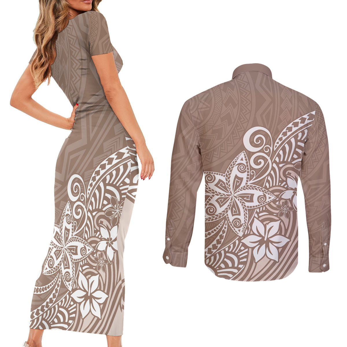 Polynesia Couples Matching Short Sleeve Bodycon Dress and Long Sleeve Button Shirts Plumeria Beige Curves LT7 - Wonder Print Shop