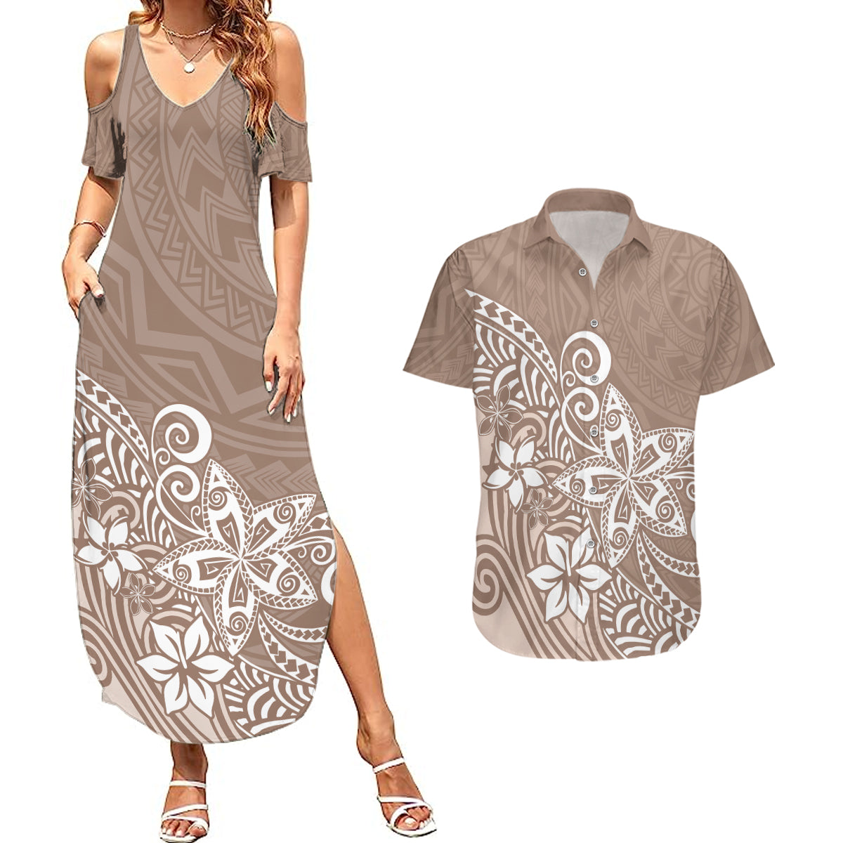 Polynesia Couples Matching Summer Maxi Dress and Hawaiian Shirt Plumeria Beige Curves LT7 - Wonder Print Shop