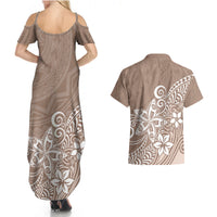 Polynesia Couples Matching Summer Maxi Dress and Hawaiian Shirt Plumeria Beige Curves LT7 - Wonder Print Shop