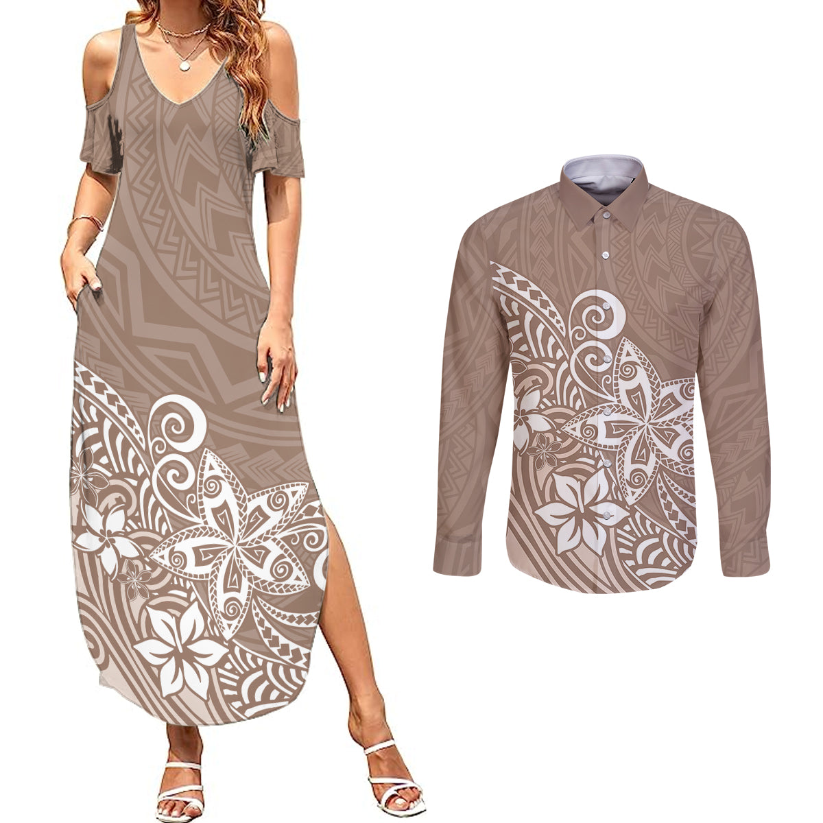 Polynesia Couples Matching Summer Maxi Dress and Long Sleeve Button Shirts Plumeria Beige Curves LT7 - Wonder Print Shop