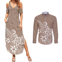 Polynesia Couples Matching Summer Maxi Dress and Long Sleeve Button Shirts Plumeria Beige Curves LT7 - Wonder Print Shop