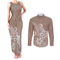 Polynesia Couples Matching Tank Maxi Dress and Long Sleeve Button Shirts Plumeria Beige Curves LT7 - Wonder Print Shop