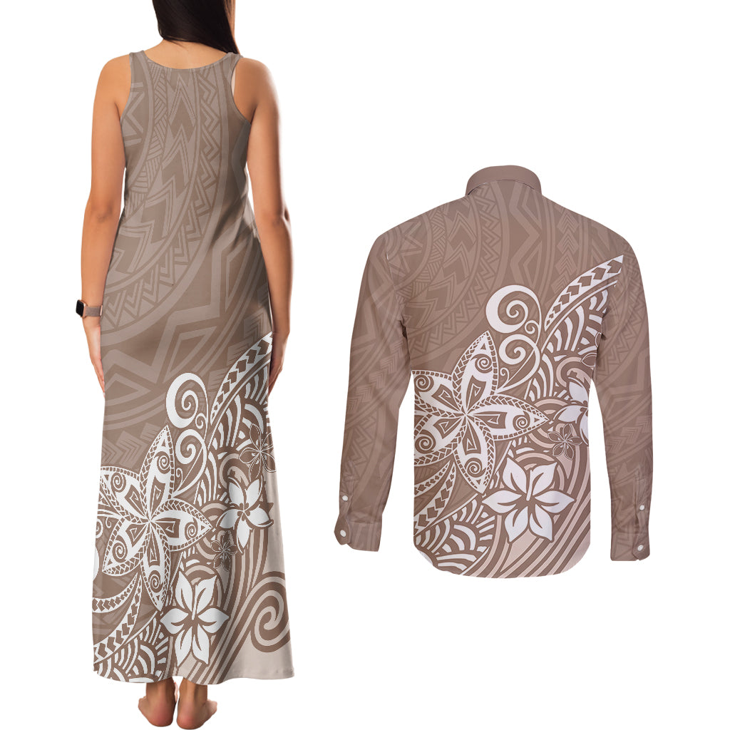 Polynesia Couples Matching Tank Maxi Dress and Long Sleeve Button Shirts Plumeria Beige Curves LT7 - Wonder Print Shop