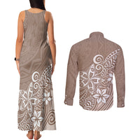 Polynesia Couples Matching Tank Maxi Dress and Long Sleeve Button Shirts Plumeria Beige Curves LT7 - Wonder Print Shop