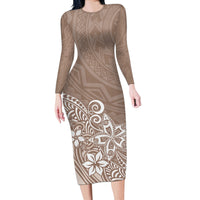 Polynesia Long Sleeve Bodycon Dress Plumeria Beige Curves - Wonder Print Shop