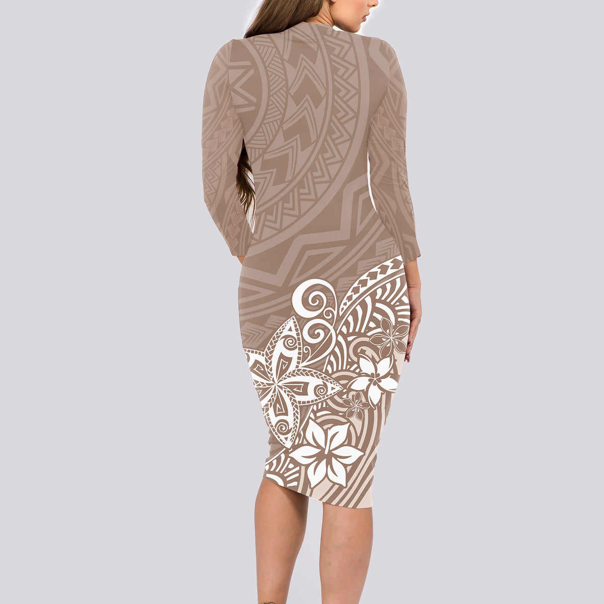 Polynesia Long Sleeve Bodycon Dress Plumeria Beige Curves - Wonder Print Shop