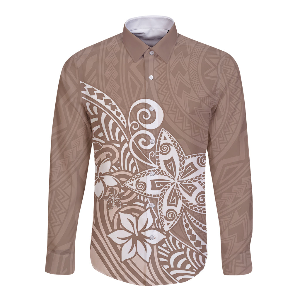 Polynesia Long Sleeve Button Shirt Plumeria Beige Curves - Wonder Print Shop