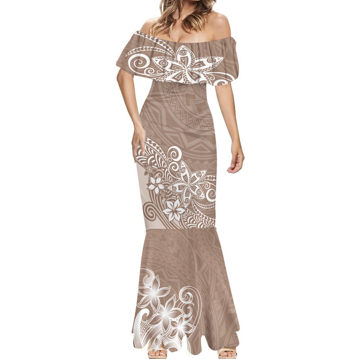 Polynesia Mermaid Dress Plumeria Beige Curves - Wonder Print Shop