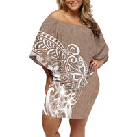 Polynesia Off Shoulder Short Dress Plumeria Beige Curves - Wonder Print Shop
