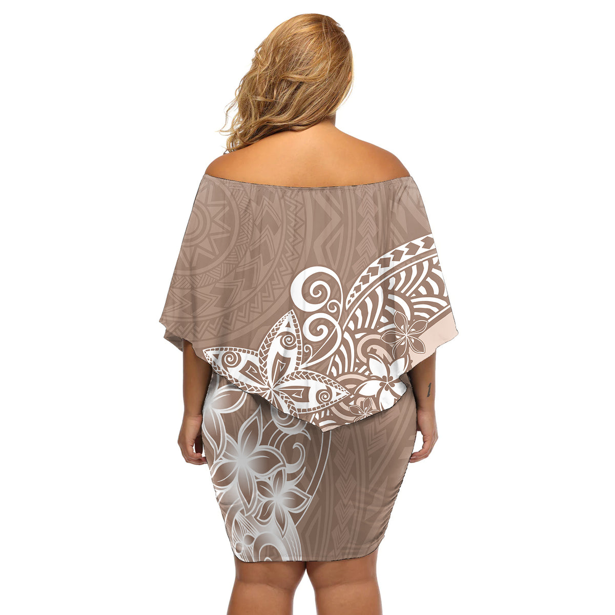 Polynesia Off Shoulder Short Dress Plumeria Beige Curves - Wonder Print Shop