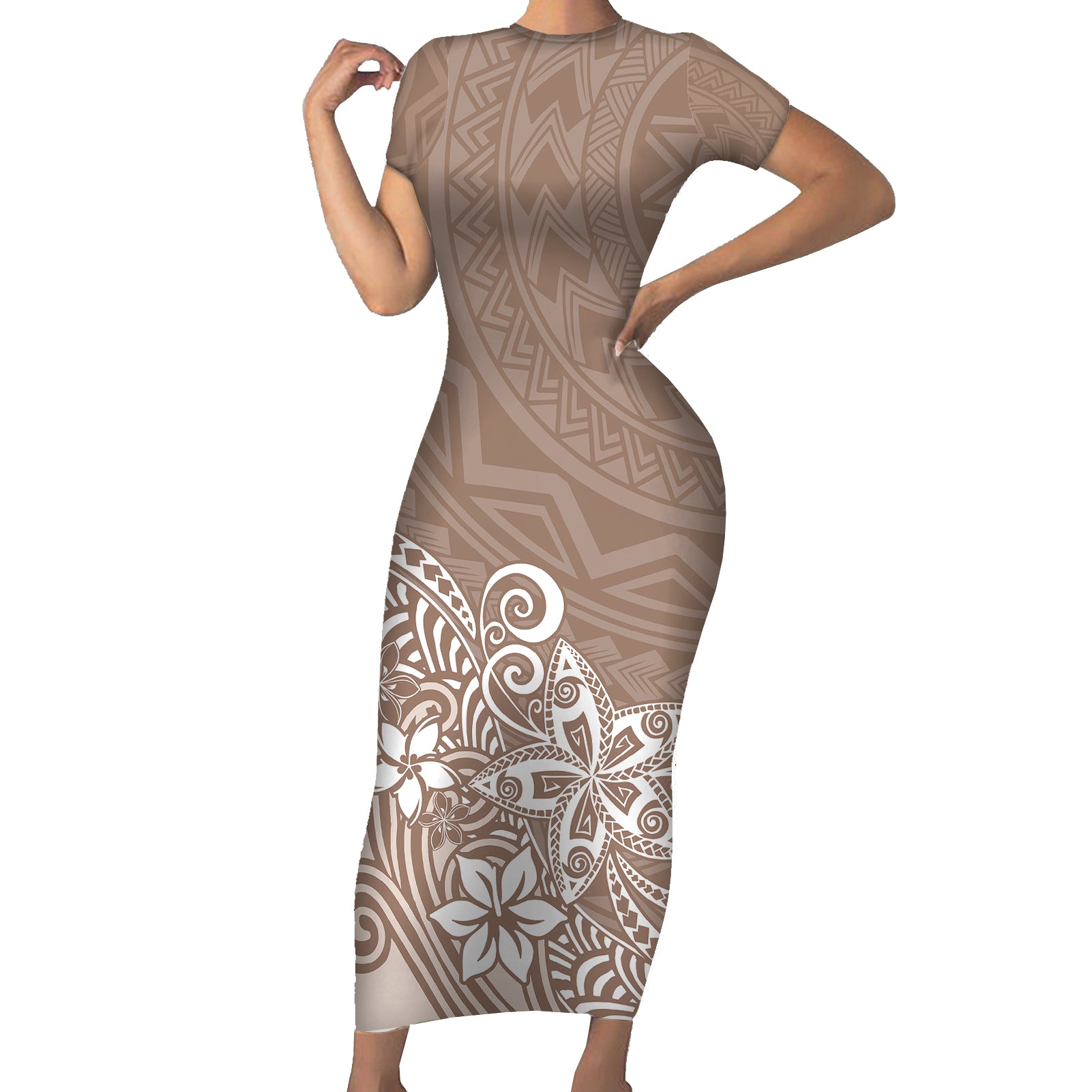 Polynesia Short Sleeve Bodycon Dress Plumeria Beige Curves - Wonder Print Shop
